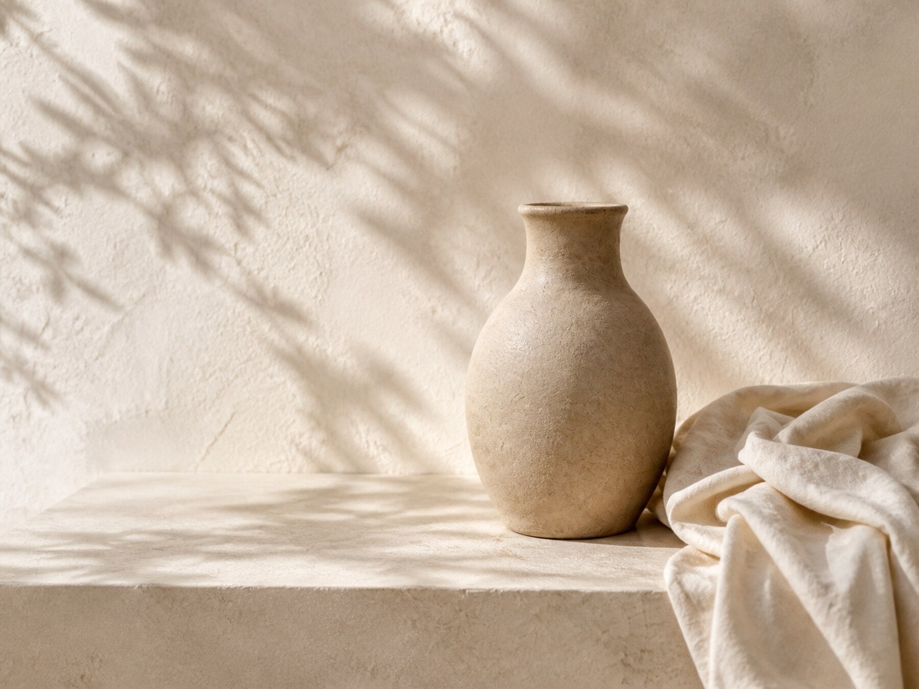 Ceramiczny wazon i jasna tkanina w miękkim świetle
